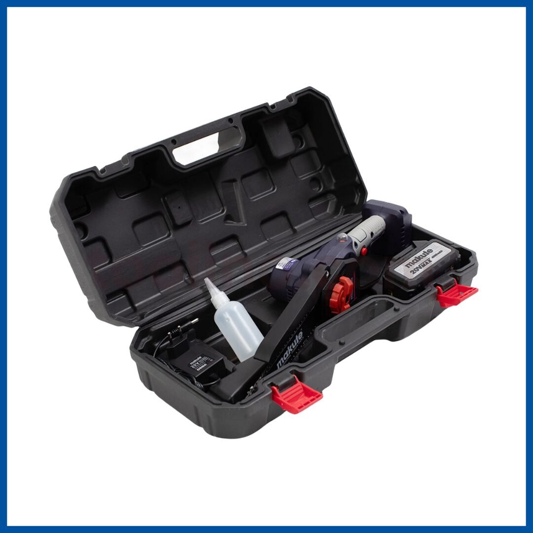 La valise ouverte du Scie à Chaîne Sans Fil 20V 1150W - Makute