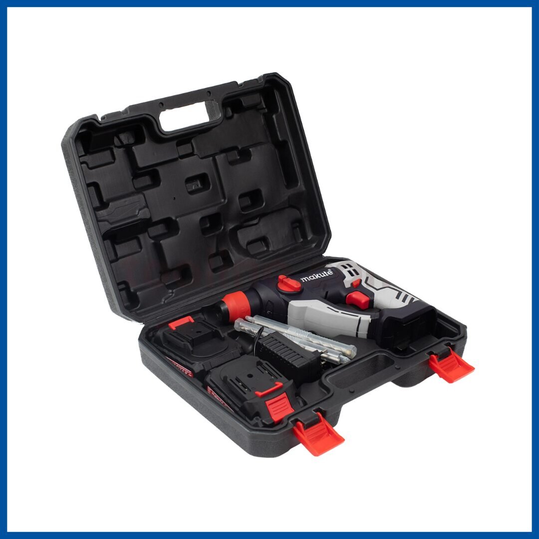 La valise ouverte du Marteau Rotatif Sans Fil 20V - Makute